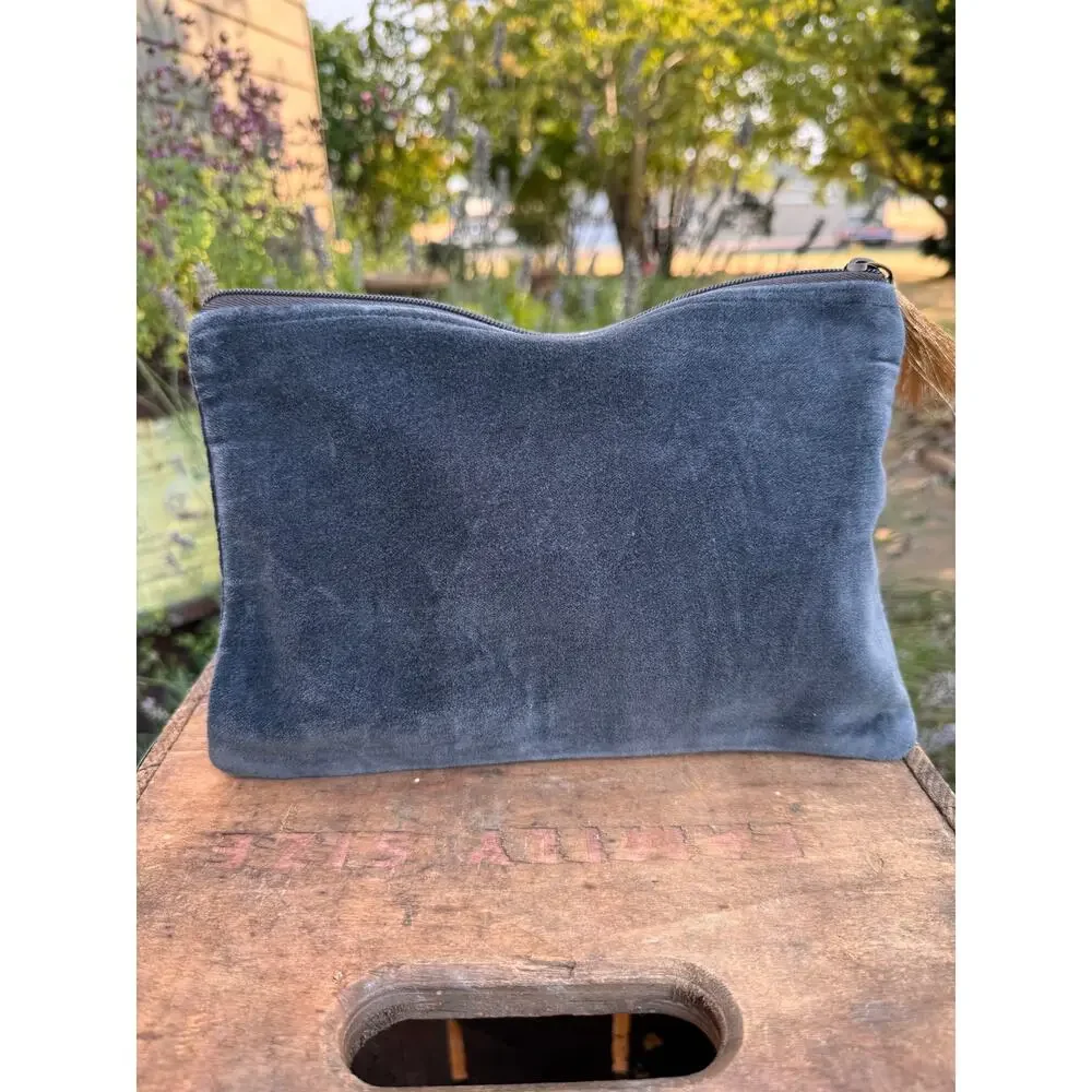 Gray Gold Velvet Makeup Bag 10 x 7 Pouch Gray Neutral Makeup Travel Bag